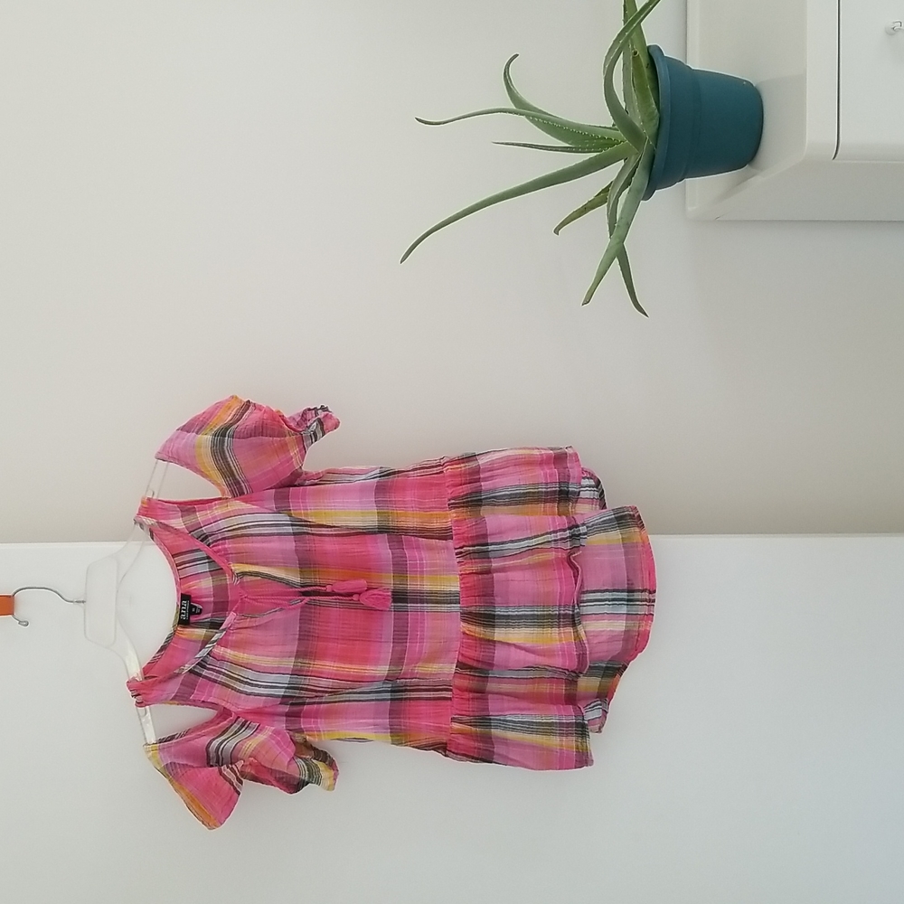 Pink Plaid Madras Open Shoulder Short Sleeved Bohemian Top with Tassel Ties - Picture 8 of 9